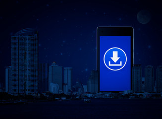 Download flat icon on modern smart mobile phone screen over office city tower, river and fantasy night sky, Technology internet online concept