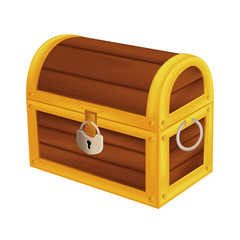 Treasure wooden pirate chest. Isometric vector illustration of vintage closed money trunk with metal padlock and handle isolated on white background
