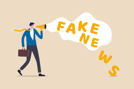 Fake news or misleading information that people share on social media and internet concept, businessman holding megaphone talking or telling fake news.