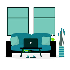 Cozy work place with sofa and coffee table. Comfort home office for freelance or telework. House interior for living room. Vecktor illustration in flat style.