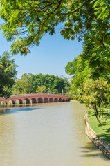 Scenic view of the park. The  bow bridge in park at spring sunny day