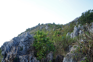 Natural landscape of green mountain range with cloudy blue sky
