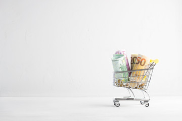 Euro coins and banknotes in a shopping trolley and copy space.