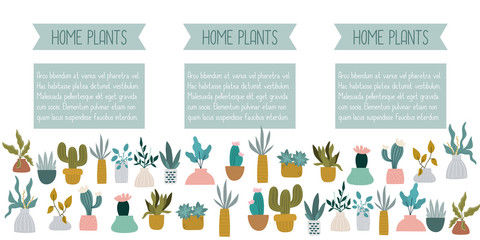 Cartoon home plants and succulents, printable page with a copy space. Design for poster, notebook, kids book, card, cover. Baby style..