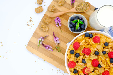 cereal in a white bowl on white background. Healthy breakfast concept.