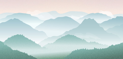 Vector landscape with mountain silhouettes in morning fog. Panoramic illustration of rough hills with forest, clouds and sunrise in mountains