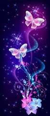 Fantasy fabulous butterflies with mystical flowers ornament and sparkle glowing stars