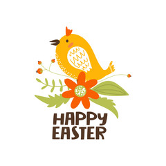 Happy Easter greeting card with cute cartoon chicken, flowers, leaves and lettering. Chick on a floral background. Vector illustration for card, invitation, poster, flyer etc.