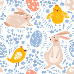 Easter seamless pattern with eggs, bunny, chick, flowers and leaves. Texture for textile, postcard, wrapping paper, packaging etc. Vector illustration.