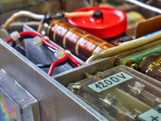 Inside view of high frequency power amplifier with capacitors, coils and other components