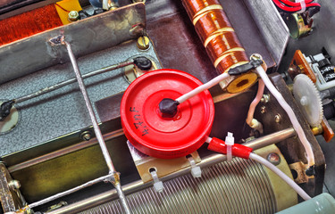 Inside view of high frequency power amplifier with capacitors, coils and other components