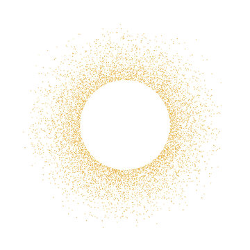 Golden glitter circle frame background. Pattern with gold sparkles and glitter effect. Empty space for your text. Vector illustration on white background