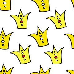 Doodle crowns seamless pattern. Hand drawn luxury background. Cute baby, little princess or royal design for childrens room, posters, celebration. Vector illustration.