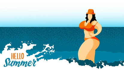 Hello summer lettering and young beauty woman in ocean waves. Sea beach and busty girl in orange bikini on blue water bachground. Summer holiday banner, vacation poster. Cartoon vector illustration
