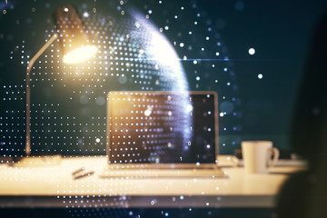 Double exposure of abstract digital world map on laptop background, research and strategy concept