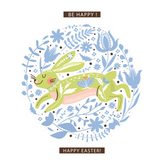 Happy Easter greeting card with cute decorative bunny, flowers and leaves. Circle shape composition. Vector illustration for card, invitation, poster, flyer etc.