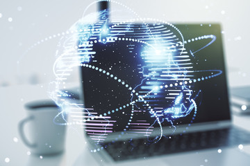 Abstract graphic digital world map with connections on modern computer background, globalization concept. Multiexposure