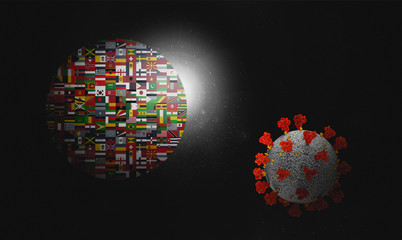 corona virus COVID-19 microscopic virus corona virus disease 3d illustration globe with all country flags world
