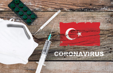 Coronavirus in Turkey,. Flag of Turkey,, vaccine, face mask for virus, thermometer, and medicals on wooden table with word coronavirus