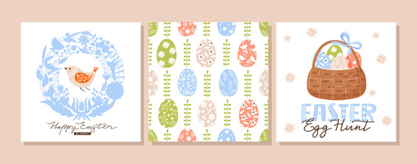 Easter set of greeting card. Cute bird, egg, flower, leaves and lettering composition. Vector illustration for holiday card, scrapbook, invitation, poster, flyer etc.