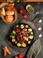 fried pieces of meat with potatoes on the table