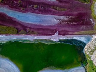 Amazing beauty of drying urortnoe estuary from bird's flight. Top view of coastal zone of ecological reserve Curortnoe estuary, Odessa, Ukraine. Aerial view from drone to sea estuaries in suburban