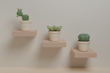 Cactus, prickly pear and succulent plant on shelves 3D design