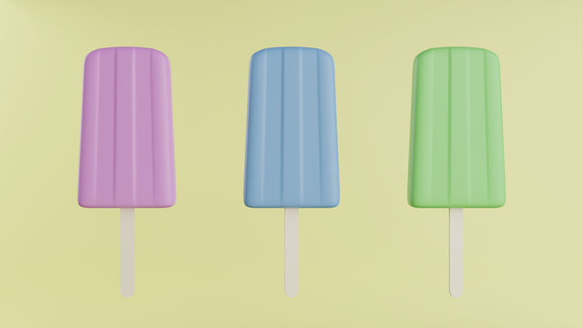 Pink, blue and green popsicle on yellow background