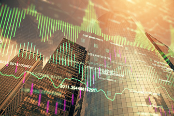 Forex chart on cityscape with skyscrapers wallpaper multi exposure. Financial research concept.