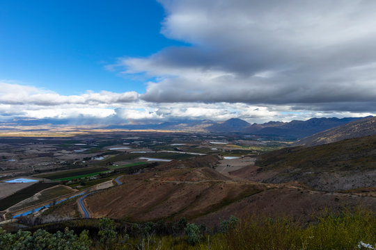 Lagoons and vineyards from Gydo Pass in the Western Cape