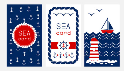 Marine cards collection. Vector vertical flyers in blue and red colors. Sea style banners.