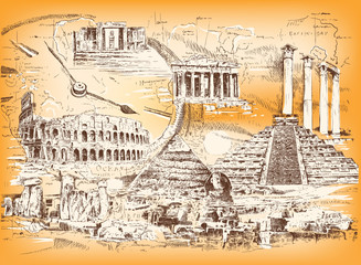 Vector collage of graphic images of the ruins of ancient civilizations and ancient architecture of different peoples and eras. 