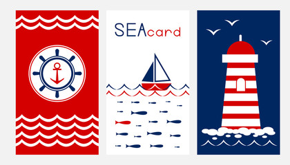 Marine cards collection. Vector vertical flyers in blue and red colors. Sea style banners.