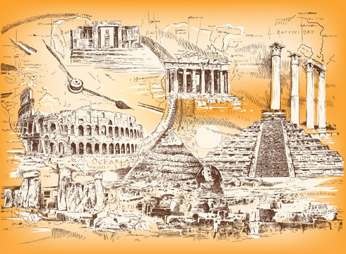 Vector collage of graphic images of the ruins of ancient civilizations and ancient architecture of different peoples and eras. 