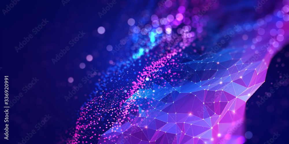 Poster Abstract neural network 3D illustration. Big data concept. Global database and artificial intelligence. Bright, colorful background with bokeh effect