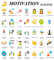Goal and Motivation Vector Icon Set Flat Design, Business Plan Accomplishment 36 Color Vectors on White Background,