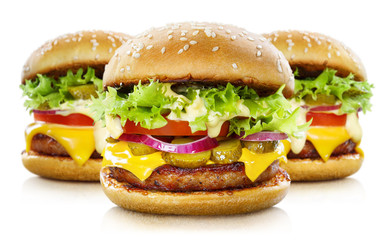Group of delicious burgers, isolated on white background