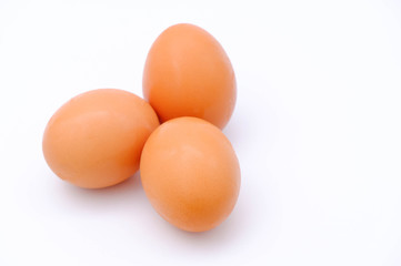 Close-up view of raw chicken eggs on white background