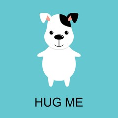 Cartoon cute dog and an inscription hug me on a blue background. Kawaii illustration