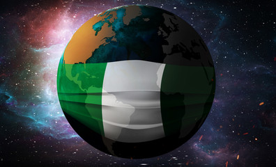 Earth Globe in a medical mask. Global epidemic of corona virus concept. Nigeria flag. 