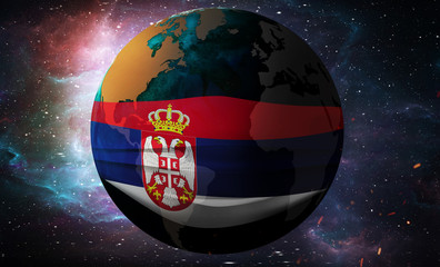Earth Globe in a medical mask. Global epidemic of corona virus concept. Serbia flag. 