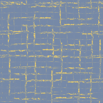 Retro vector broken grid seamless pattern background. Painterly brush scratch grunge style weave backdrop. Monochrome blue gold mid century repeat. Geometric all over print for packaging stationery