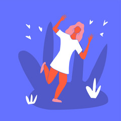 Girl dancing with raised hands vector flat illustration on blue background.