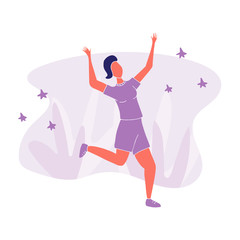 Girl dancing with raised hands vector flat illustration on white background.