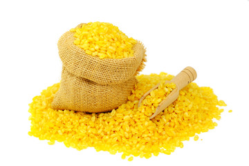 Organic split yellow mung beans (Yellow Moong Dal, Moong split washed, Lentisls) in a sack...