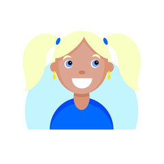 Face of a smiling blonde girl. Cartoon portrait of a young blue eyed woman. Avatar character for an icon, logo, hand drawn simple flat. Stock vector illustration isolated on white background.
