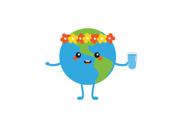 Cute cartoon earth character in floral wreath holding glass of water in hand, saving water concept.
