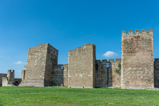 Smederevo, Serbia - May 02, 2019: The Smederevo Fortress is a medieval fortified city in Smederevo, Serbia. Smederevo fortress walls around the Small town. It was built between 1427 and 1430.