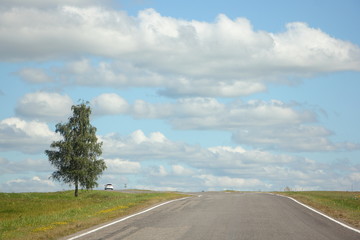 Beautiful empty suburban asphalt road to horizon with a lone tree, green grass and blue sky with white clouds, car tourism, travel at Sunny summer day