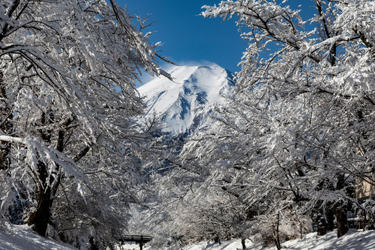新名庄川から望む雪景色と富士山